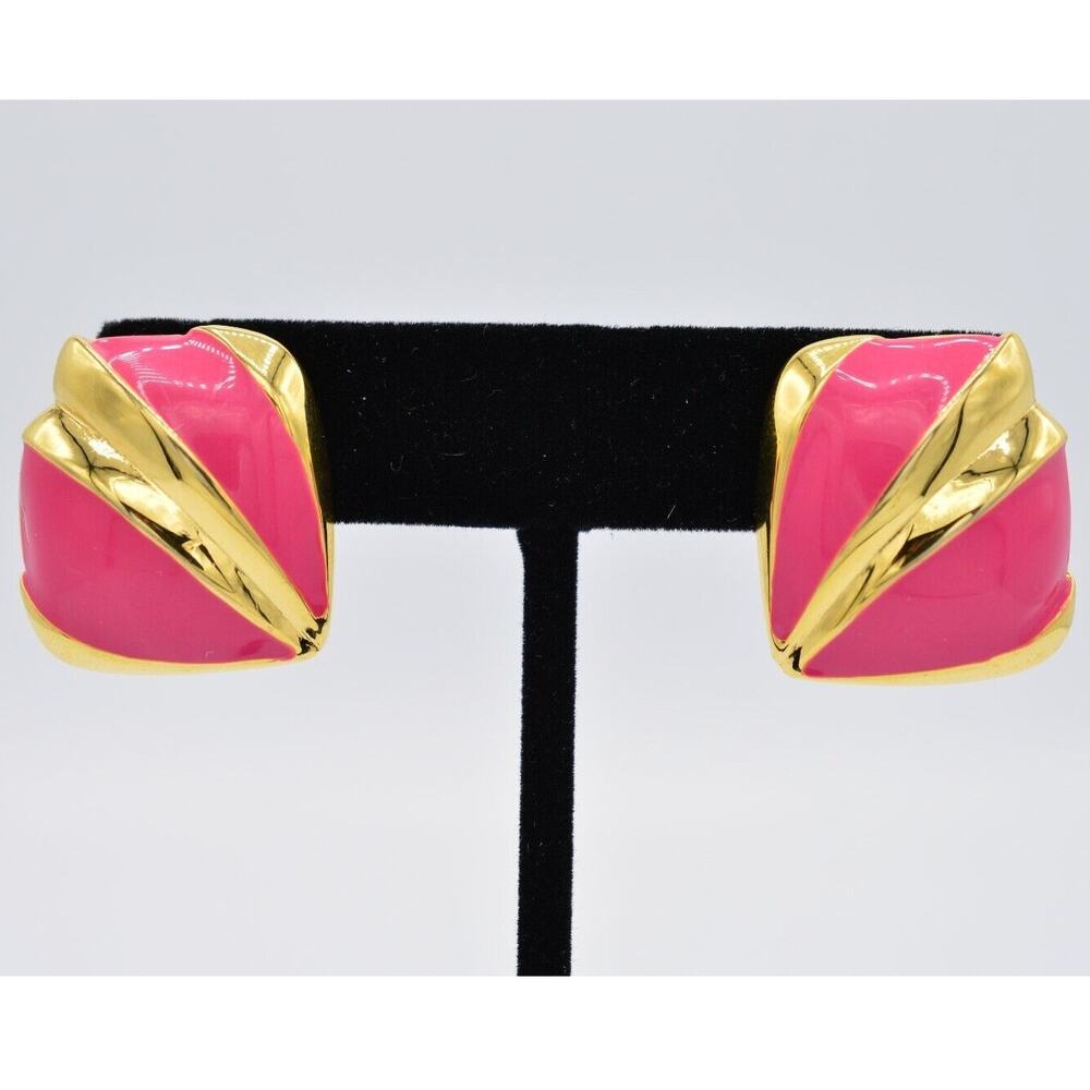JS Vintage Clip On Earrings Bright Pink Enamel Gold Huggie Signed NOS 1980s 9G